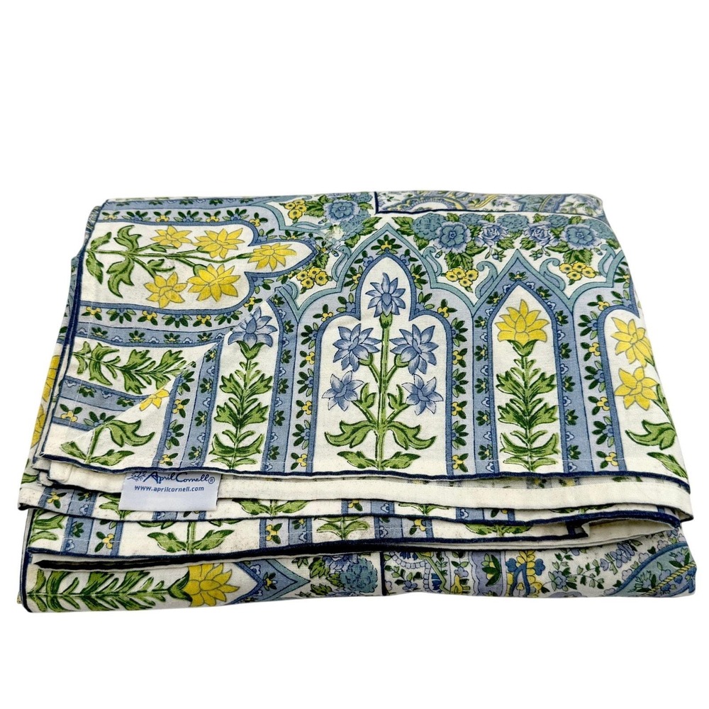 April Cornell Cotton Tablecloth Blue Green Paisley Floral 102x54 Cottage Coastal